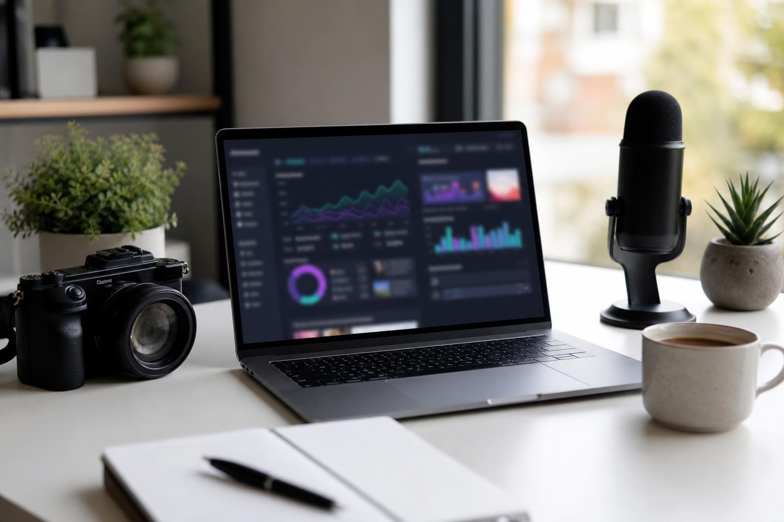 Creator desk with YouTube analytics style dashboard, camera, microphone, and notebook